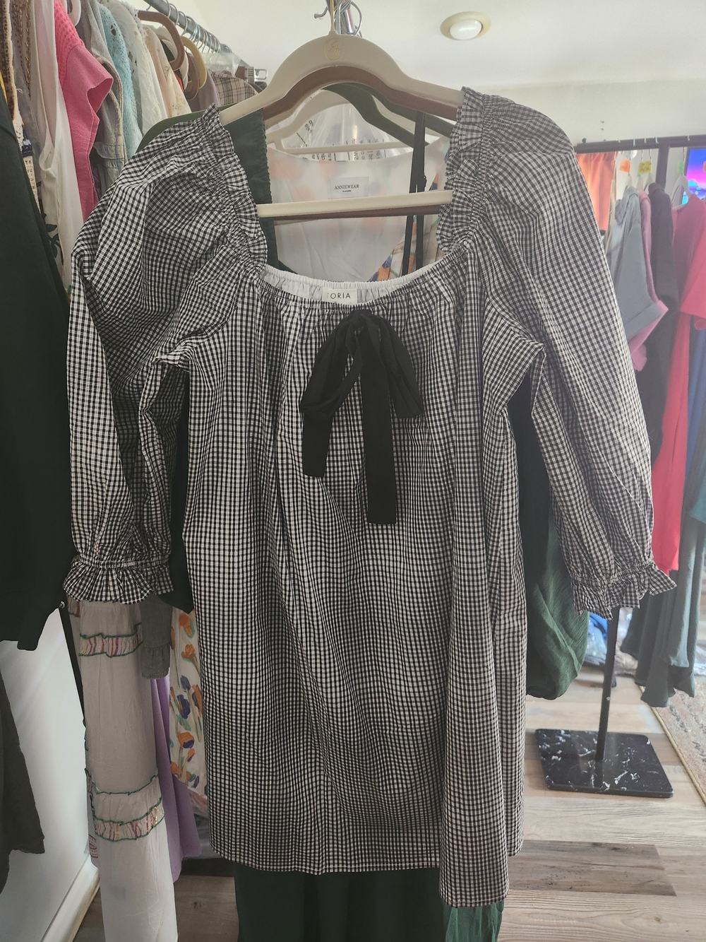 Storia Black and White Gingham Dress with Bow Tie